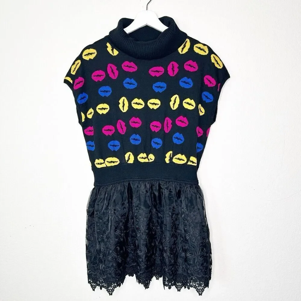 Fanshy Luen Colorful Lips Lace Tulle Skirt Elastic Waist Sweater Tunic 11